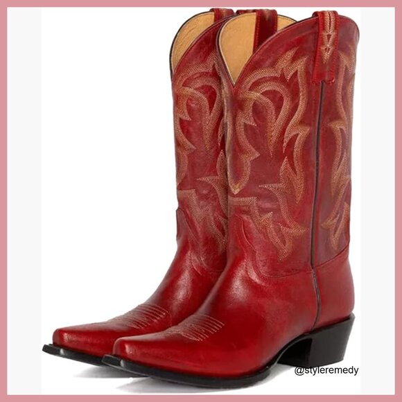 Shoes - Faux Leather Western Boots with Embroidered Design, Pointed Toe
